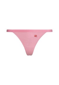 Rosa Tanga mit gerippter Textur und dünnen Trägern. Besitzt ein kleines rotes Logodetail auf der Vorderseite.