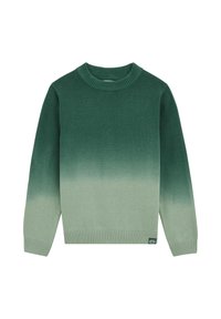 Pull vert avec un dégradé du foncé au clair, en tissu tricoté doux, avec un col rond et des poignets côtelés.