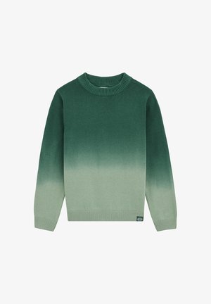 Zielony sweter z gradientowym wzorem od ciemnego do jasnego, wykonany z miękkiej dzianiny, z prążkowanym kołnierzem typu crew neck i mankietami.