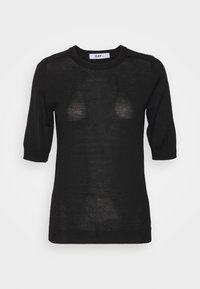 Black short-sleeve knit top with a ribbed crew neckline, featuring a slightly sheer texture and fitted silhouette. Brand label visible.