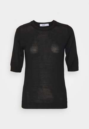 Black short-sleeve knit top with a ribbed crew neckline, featuring a slightly sheer texture and fitted silhouette. Brand label visible.