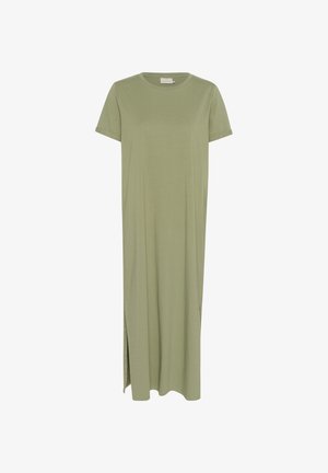 Maksi obleka v svetlo zeleni barvi, izdelana iz mehke tkanine. Kratki rokavi, okrogla izrez in stranske zareze za udobno gibanje. Enostaven dizajn.