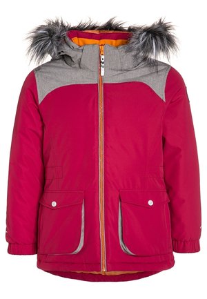 Rød isoleret jakke med grå hætte, pelskant, orange foring, frontlynlås og to nederste frontlommer med trykknaplukninger.