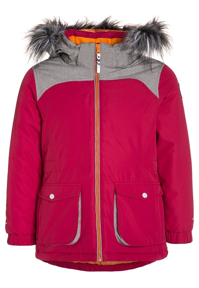 Czerwona ocieplona kurtka z szarym kapturem, futrzanym wykończeniem, pomarańczową podszewką, z zamkiem z przodu oraz dwiema dolnymi kieszeniami z przodu zapinanymi na zatrzask.