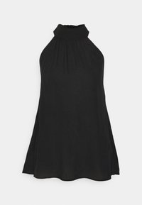 Svart ärmlös halterneckklänning med hög halsringning, med veck vid kragen och en utsvängd silhuett. Slät tygtextur.