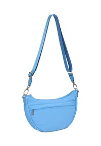 Borsa a spalla blu in nylon con forma curva, tracolla regolabile e scomparto principale con zip; presenta una tasca frontale più piccola.