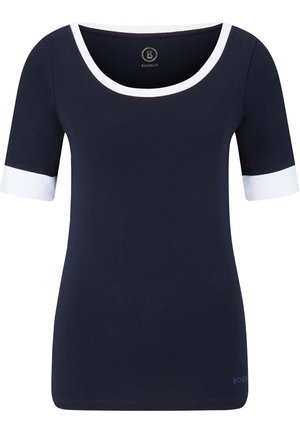 Chemise bleu marine à manches courtes avec bordure blanche au niveau du col et des extrémités des manches, coupe ajustée et petit logo "BOGNER" près de l'ourlet.
