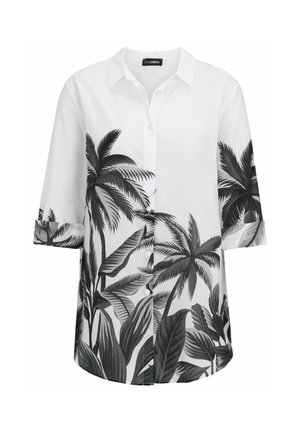 Weißes Hemd mit Knopfleiste, hochgekrempelten Dreiviertelärmeln und schwarzem sowie grauem tropischem Palmenblattmuster.