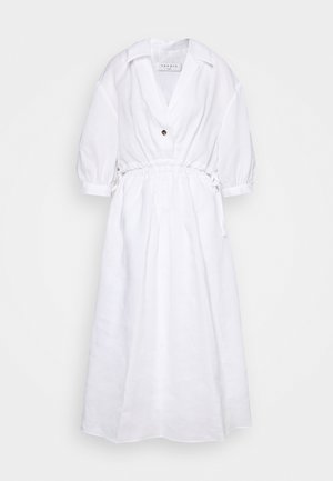 Biała sukienka midi z dekoltem w kształcie litery V, pojedynczym guzikiem, rękawami o długości 3/4 z bufkami, elastyczną talią oraz wiązaniami po bokach.