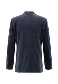 Marineblaue Cordblazer mit vertikaler Streifenstruktur, einem Rückenschlitz, Reverskragen und geknöpften Manschetten.