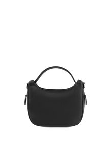 Sac à main en cuir noir, de forme arrondie, avec une poignée supérieure et des détails zippés sur les côtés. Surface texturée avec une finition mate.