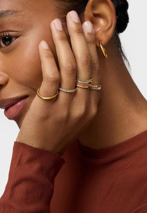 Primer plano de una persona que lleva un pendiente de aro dorado y varios anillos de oro, algunos con piedras preciosas de colores, tocándose la cara.