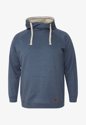 Sinine kapuutsiga dressipluus beeži paelaga, kengtasku ja tekstuurse kangaga. Omab raglanvarrukaid ja väikest brändi sildit.