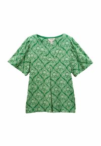 Zaļš īsām piedurknēm blūze ar V veida izgriezumu, kurai visā virsmā ir izsmalcināts balts ziedu paisley raksts. Mīksts, viegls audums.