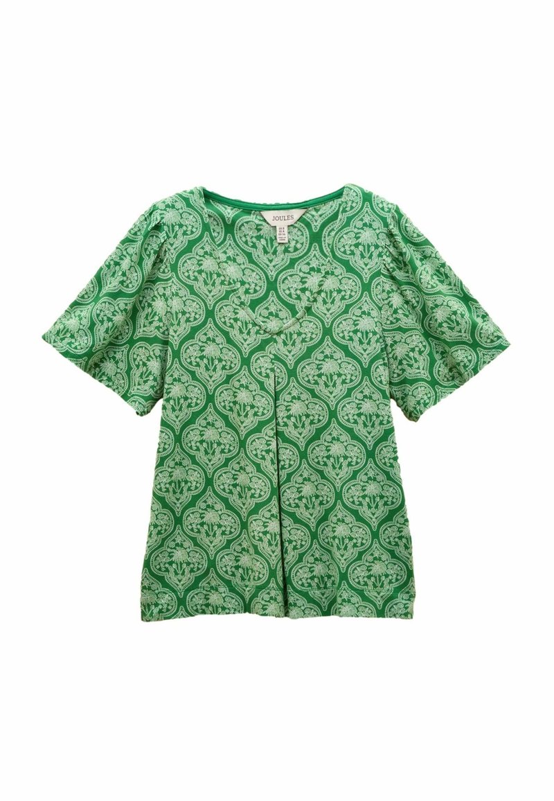 Zaļš īsām piedurknēm blūze ar V veida izgriezumu, kurai visā virsmā ir izsmalcināts balts ziedu paisley raksts. Mīksts, viegls audums.