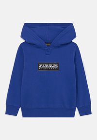 Blue hooded sweatshirt featuring a black rectangular logo patch with white text. Made of smooth fabric with ribbed cuffs and hem.
