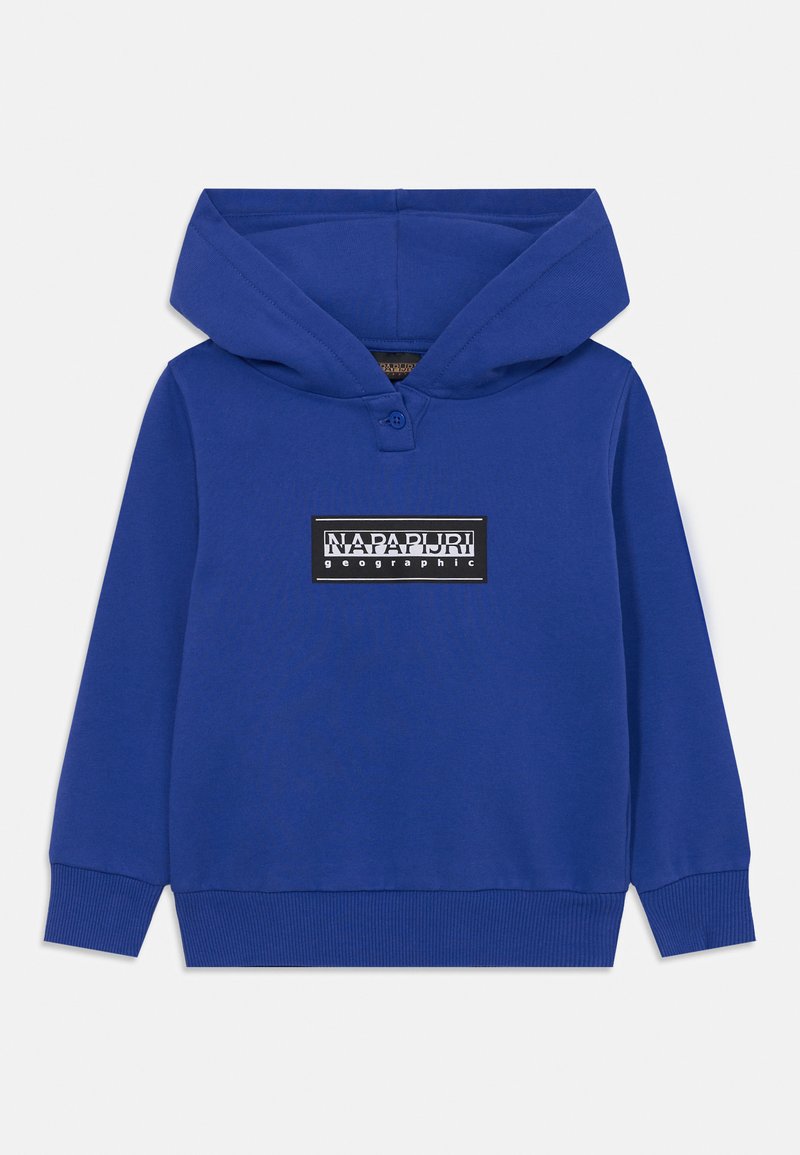 Blue hooded sweatshirt featuring a black rectangular logo patch with white text. Made of smooth fabric with ribbed cuffs and hem.