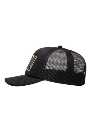 Black mesh trucker cap with solid front panel featuring a small logo patch with yellow and blue design.