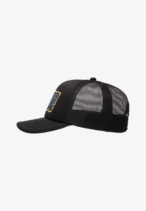 Casquette trucker en maille noire avec un panneau avant uni comportant un petit patch logo au design jaune et bleu.