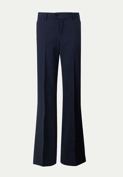 Pantalon de costume bleu marine avec fermeture par bouton, passants de ceinture et coupe droite à jambes larges.