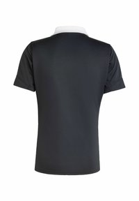 Polo shirt nero a maniche corte con colletto bianco. Realizzato in tessuto liscio, presenta un design semplice e una vestibilità standard, senza motivi né dettagli.