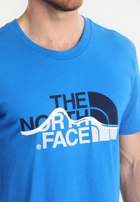 Blå bomulls-t-shirt med "THE NORTH FACE"-logotyp i svart och vitt, med en vågdesign och rundad halsringning.