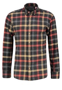 Camisa de franela a cuadros con un patrón de tartán en gris, rojo y amarillo. Parte delantera con botones, clásico cuello y mangas largas. Textura suave.