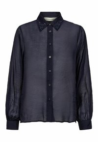 Kerge tumesinine pika varrukaga pluus nööpide ees, kaunistatud krae ja kitsaste mansettidega.