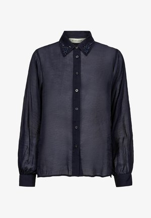 Sheer navy long-sleeve blouse with button front, embellished collar, and fitted cuffs.
