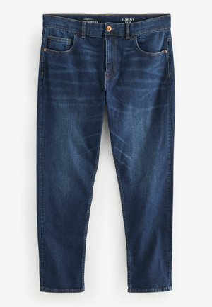 Jeans slim fit de culoare închisă, cu decolorări subtile, cinci buzunare și accesorii de culoare cupru. Fabricate din denim cu o textură netedă și design cu picior drept.