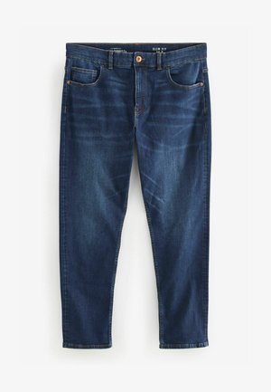 Schlanke, dunkelblaue Jeans mit dezentem Verwaschen, fünf Taschen und kupferfarbener Hardware. Aus Denim mit glatter Textur und geradem Bein-Design gefertigt.