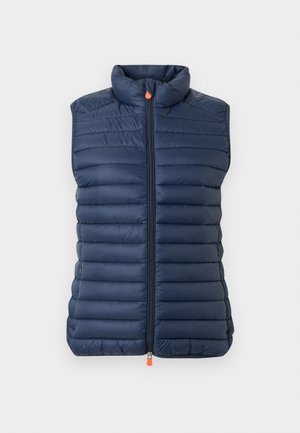 Navyblau gesteppte ärmellose Puffer-Weste mit hohem Kragen und durchgehendem Reißverschluss, der orangefarbene Zuglaschen aufweist.