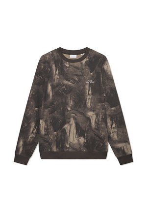 Sudadera marrón con un patrón abstracto de pinceladas en tonos oscuros. Cuello y puños acanalados. Pequeño logo blanco en el pecho.