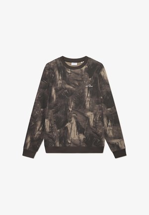 Sweatshirt castanho com padrão abstrato de pinceladas em tons escuros. Decote e punhos canelados. Pequeno logótipo branco no peito.