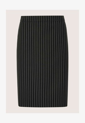 Schwarzer Bleistiftrock mit weißen vertikalen Nadelstreifen und elastischem Bund, präsentiert vor neutralem Hintergrund.
