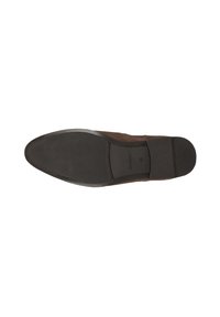Braune Wildlederschuhe mit einer glatten schwarzen Gummisohle. Merkmale sind ein gesticktes Design entlang der Kanten, eine runde Zehenpartie und ein flacher Absatz. Größe 42.