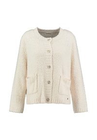Cremfarbener Cardigan aus strukturiertem, flauschigem Material. Verfügt über einen runden Ausschnitt, sieben Knöpfe, zwei vordere Taschen und einen gerippten Saum.