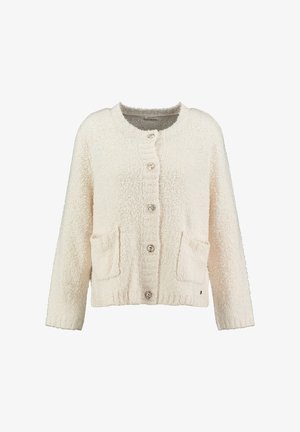 Cream-colored cardigan made of textured, fluffy material. Features a round neck, seven buttons, two front pockets, and ribbed hem.