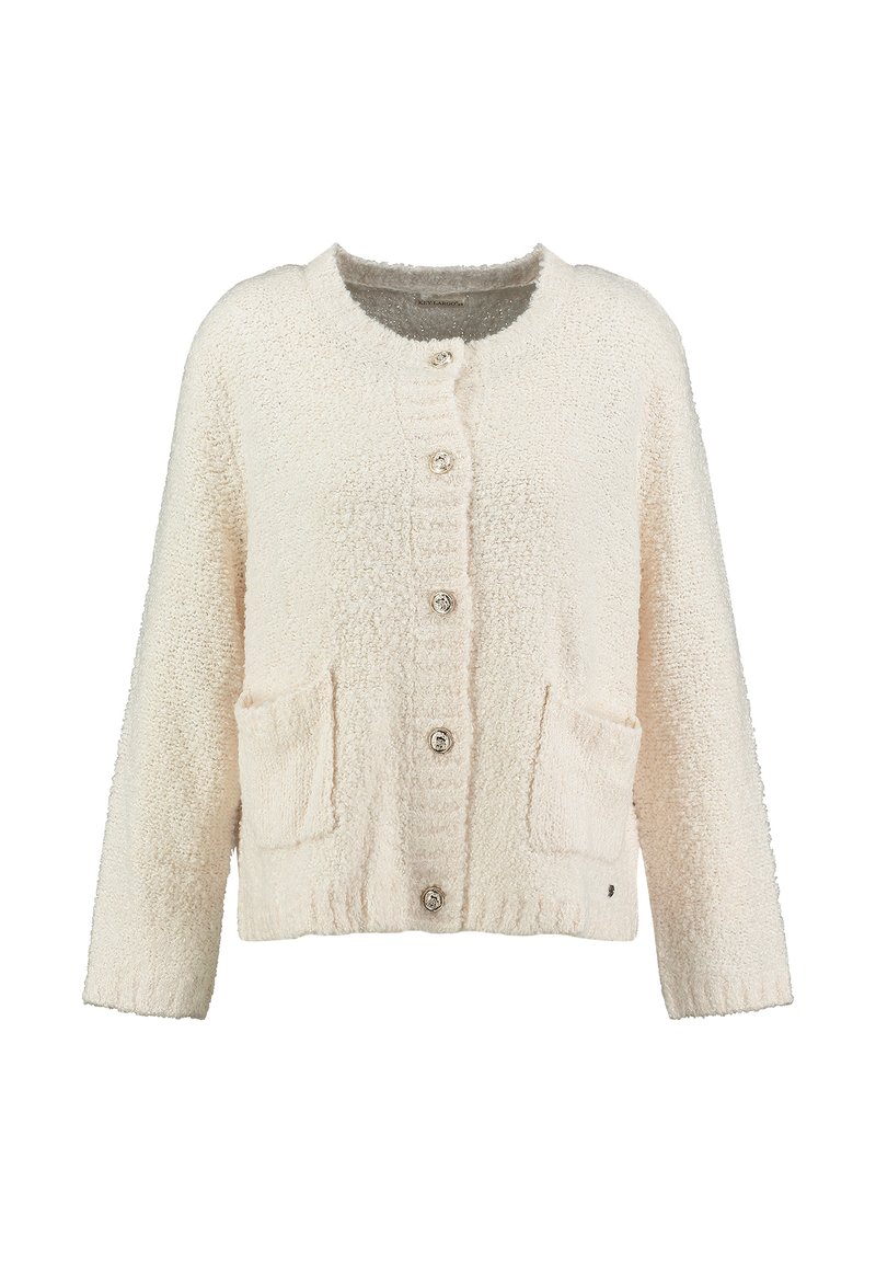 Cremfarbener Cardigan aus strukturiertem, flauschigem Material. Verfügt über einen runden Ausschnitt, sieben Knöpfe, zwei vordere Taschen und einen gerippten Saum.