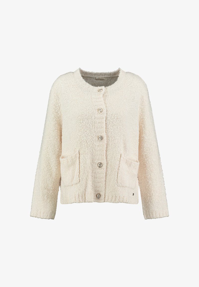Cremfarbener Cardigan aus strukturiertem, flauschigem Material. Verfügt über einen runden Ausschnitt, sieben Knöpfe, zwei vordere Taschen und einen gerippten Saum.
