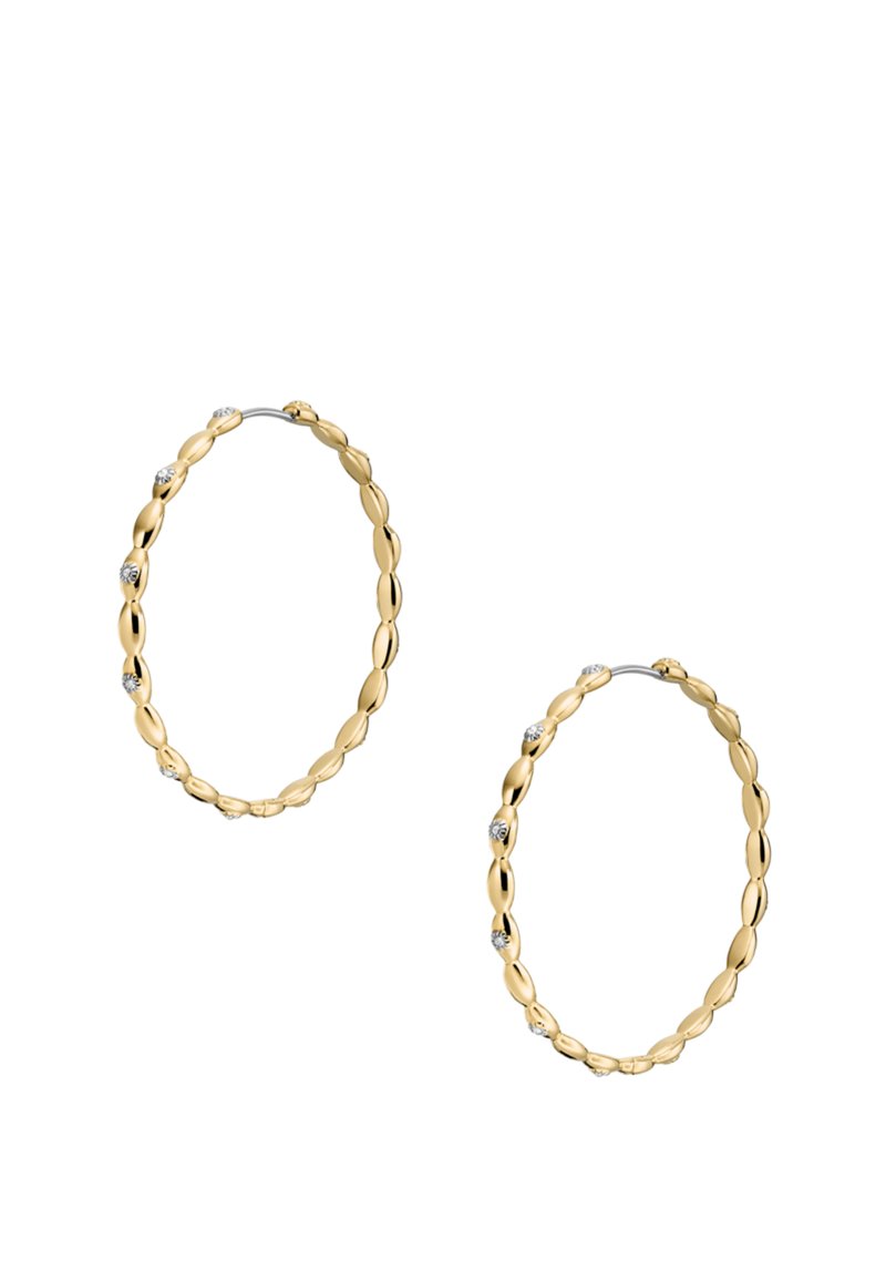 Goldene Creolen mit einer strukturierten, ovalen Form und kleinen Diamantakzenten. Glatte Oberfläche mit poliertem Finish.