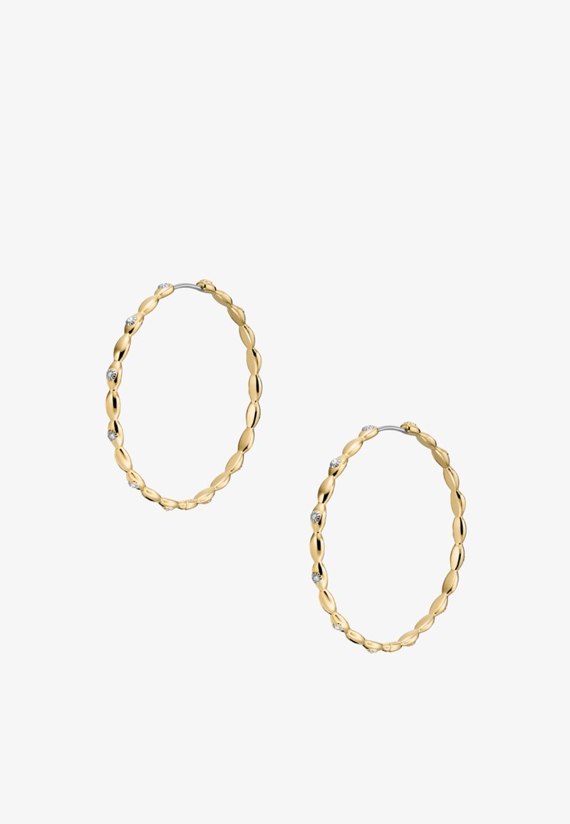 Gold hoop earrings featuring a textured, oval shape with small diamond accents. Smooth finish with a polished surface.