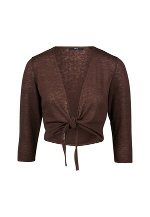 Bruine cropped cardigan gemaakt van lichtgewicht, gestructureerde stof. Heeft driekwart mouwen en een voorste knoopdetail.