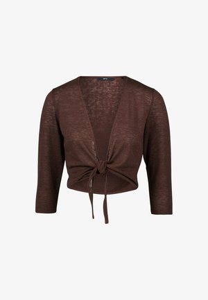 Bruine cropped cardigan gemaakt van lichtgewicht, gestructureerde stof. Heeft driekwart mouwen en een voorste knoopdetail.