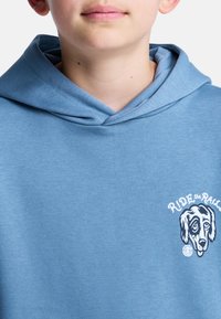 Felpa blu realizzata in morbido tessuto. Presenta una tasca a marsupio e una stampa grafica del volto di un cane con il testo "RIDE the RAILS".