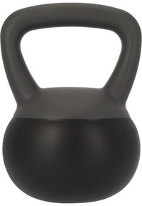 Zwarte kettlebell met een matte afwerking, een ronde vorm en een stevige, ergonomische handgreep. Stevige constructie voor krachttraining.