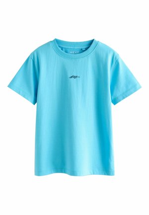 Taevassinist lühikeste varrukatega T-särk, mis on valmistatud pehmest puuvillast, millel on ümara kaelusega ja ees must tikitud logo.