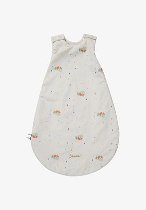 Schlafsack aus weichem, weißen Stoff mit bunten, verstreuten Mustern, ausgestattet mit Druckknöpfen an den Schultern und einem seitlichen Reißverschluss für einfachen Zugriff.