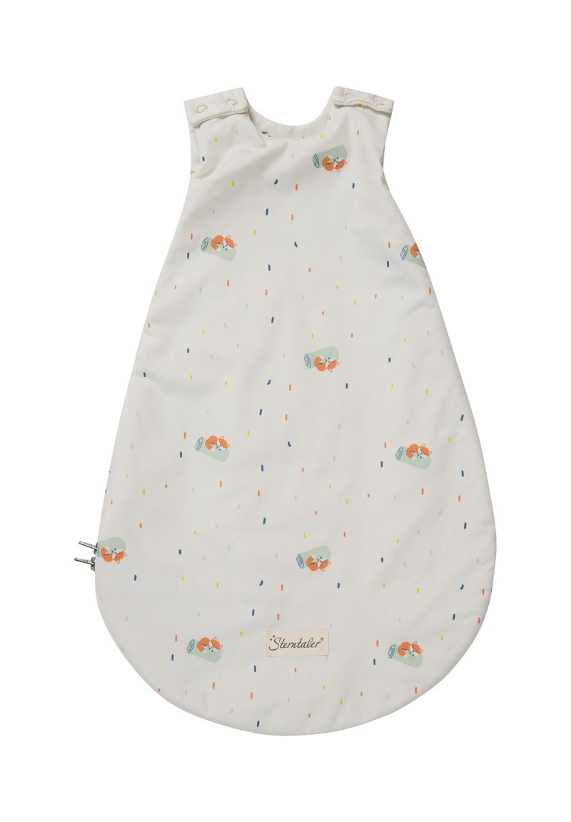 Schlafsack aus weichem, weißen Stoff mit bunten, verstreuten Mustern, ausgestattet mit Druckknöpfen an den Schultern und einem seitlichen Reißverschluss für einfachen Zugriff.