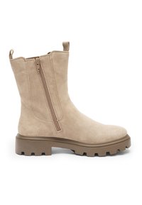 Beige suede mid-calf boot with side zipper, pull tabs, and chunky brown lug sole for added grip and durability.